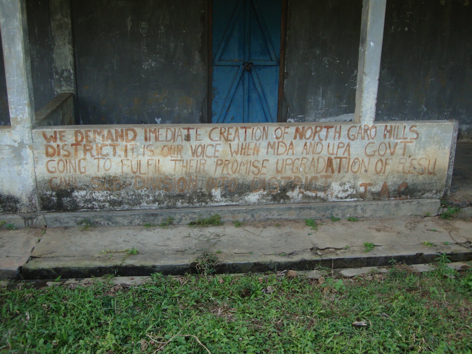 Anti-Congress graffiti on a post office in the East Garo Hills.
