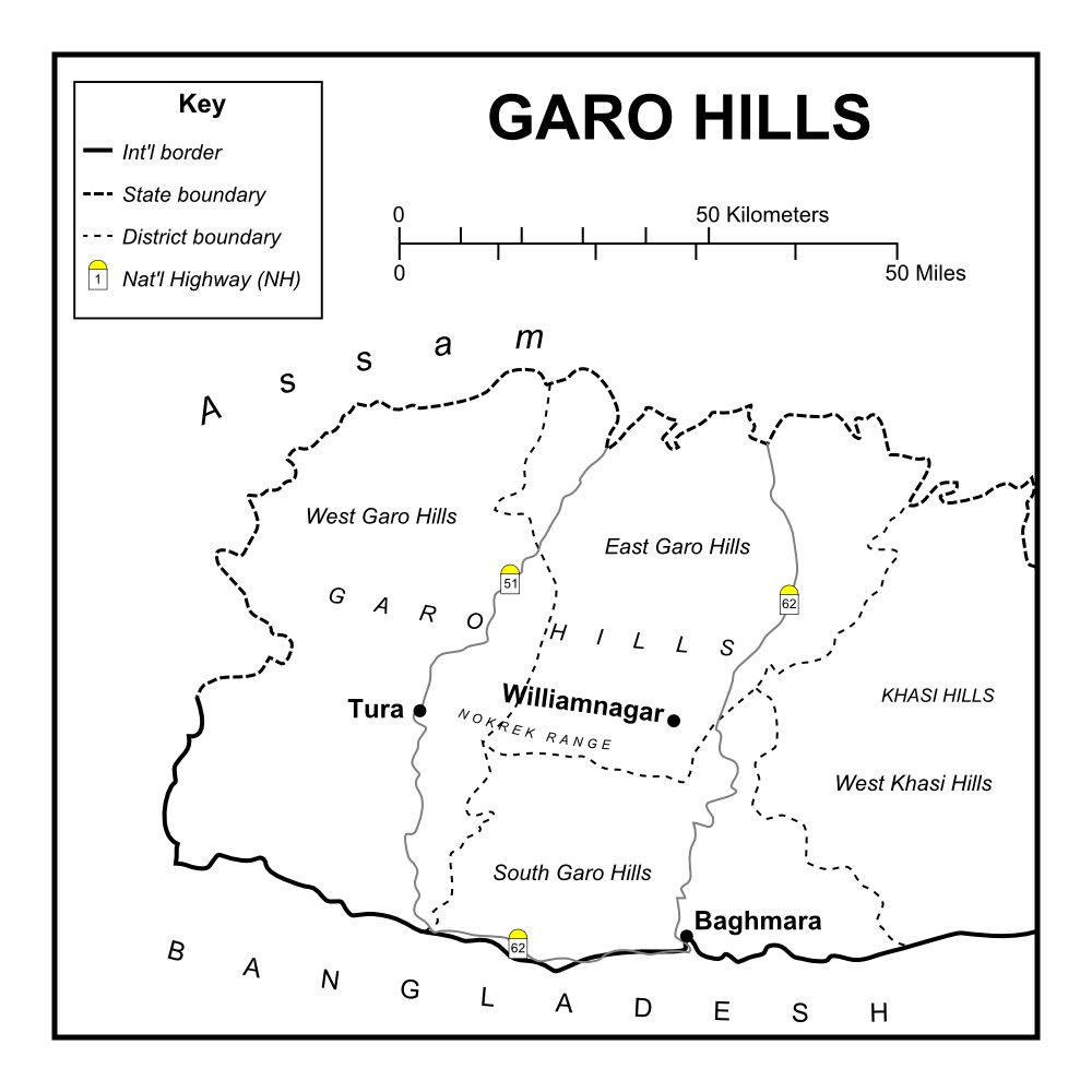 Map of the Garo Hills in northeast India.