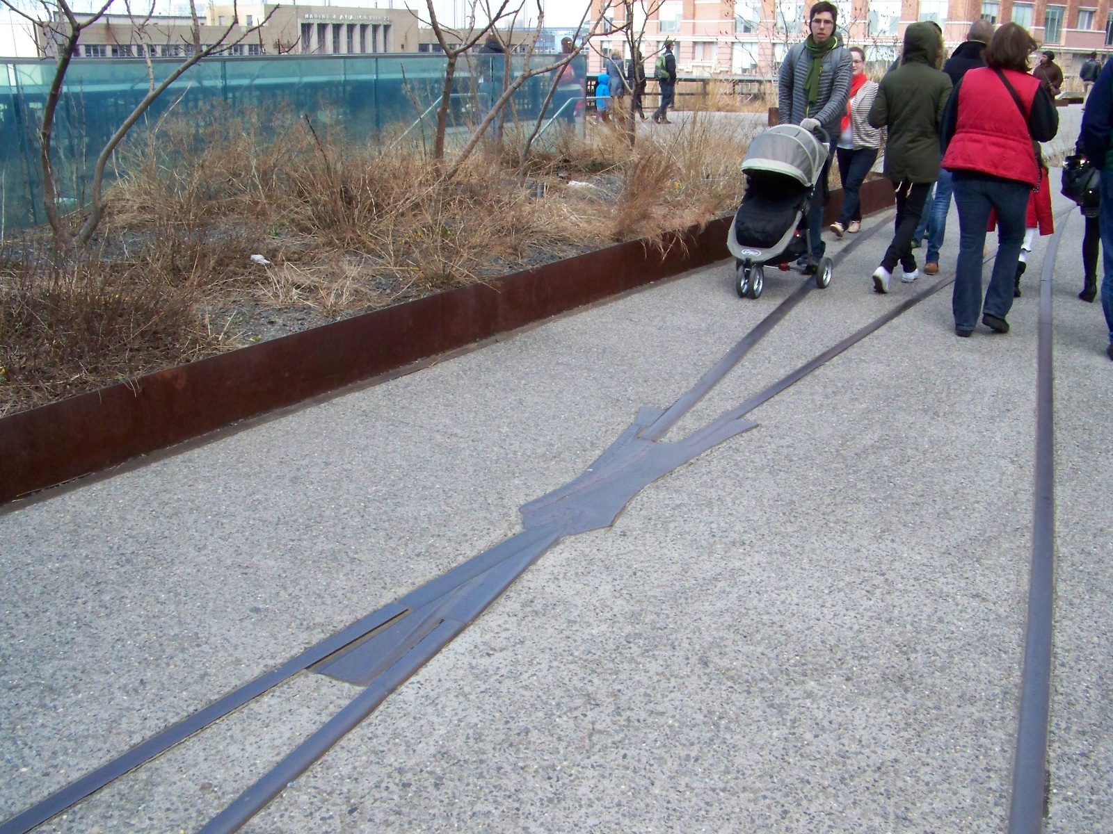 Rails integrated into the pavement.