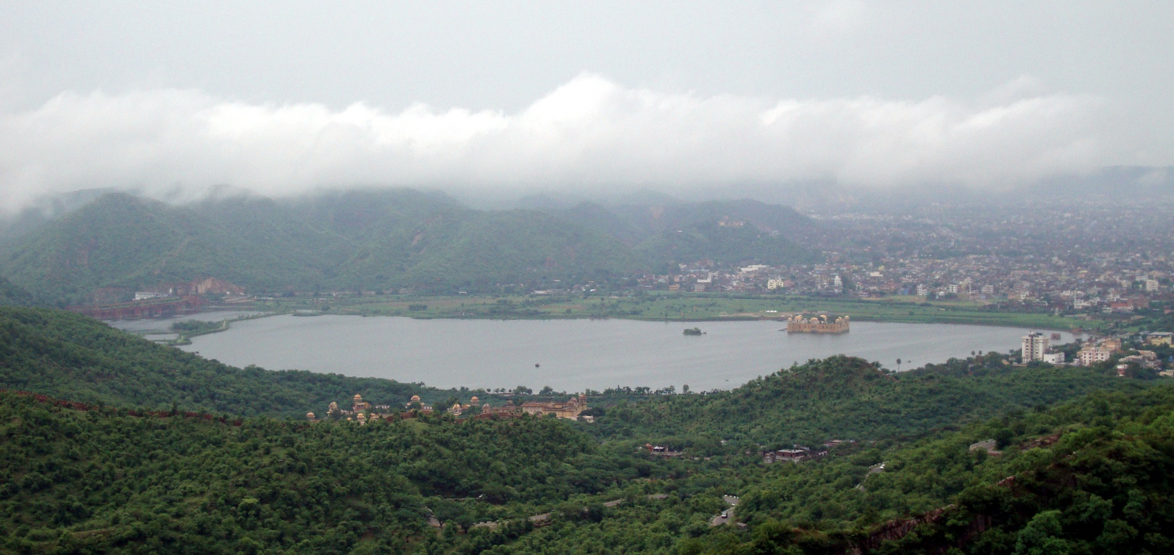 Hilltop view of Jal Mahal Sagar.