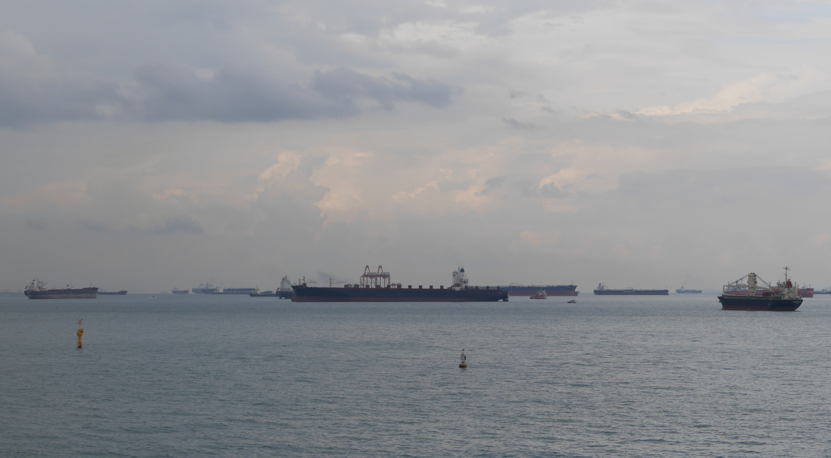 Ships anchored off Marina Bay, Singapore.