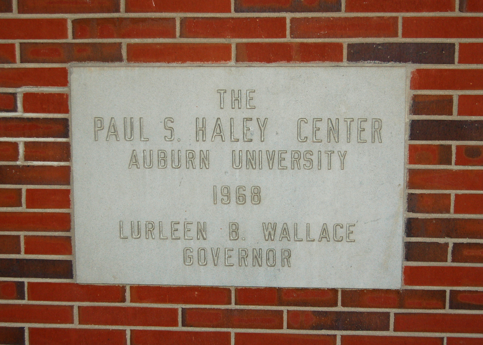 Plaque on Haley Center, Auburn University, bearing Lurleen Wallace's name.