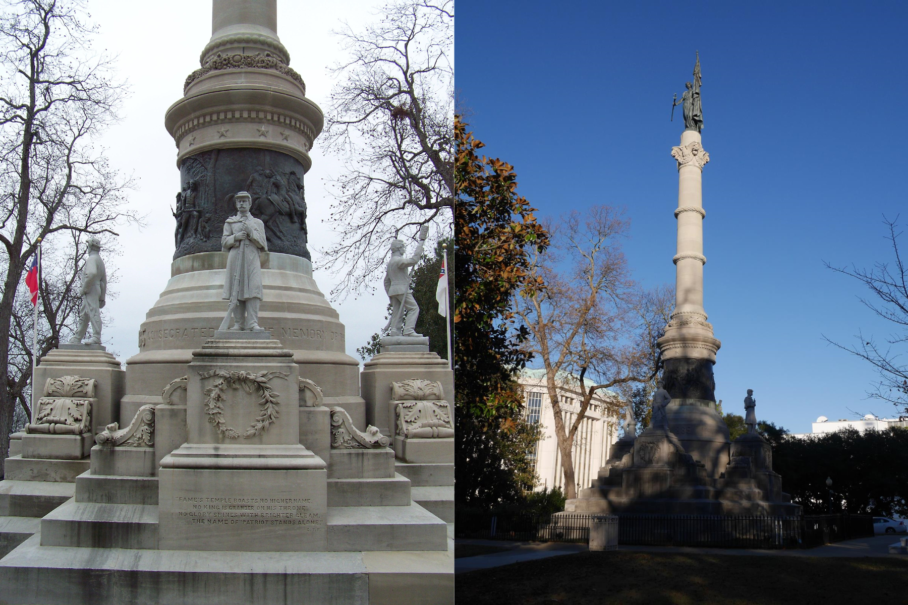 Alabama Confederate Monument, Montgomery (dedicated 1898). With CSA flags in 2011 (left); without flags in 2016 (right).