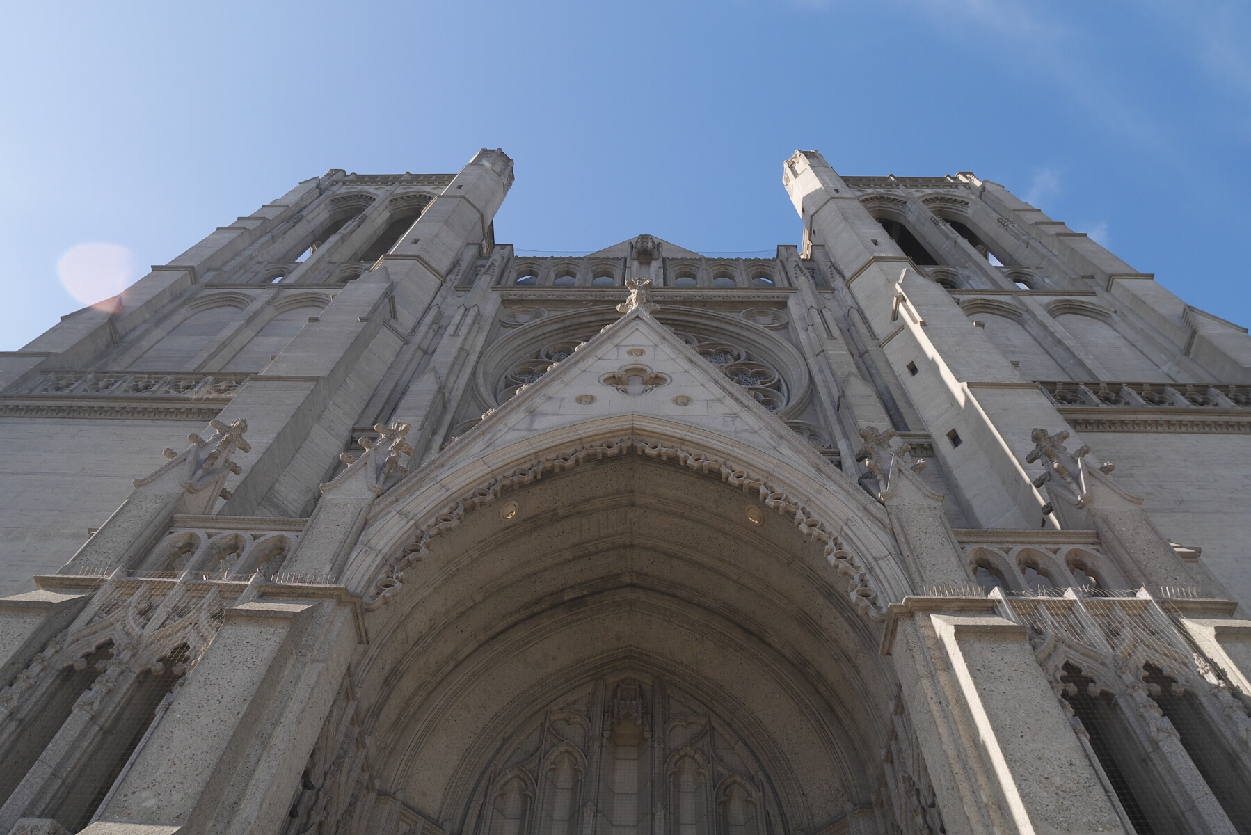 Looking up at the facade of Grace Cathedral.