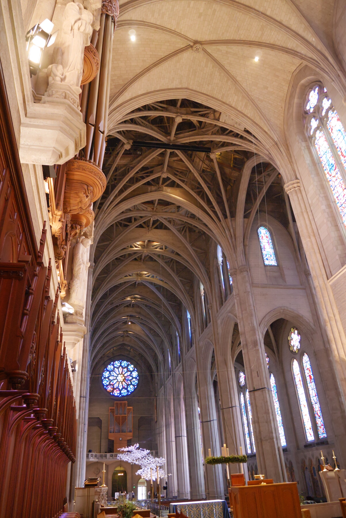 View from the completed choir back into the nave with its incomplete vaults.