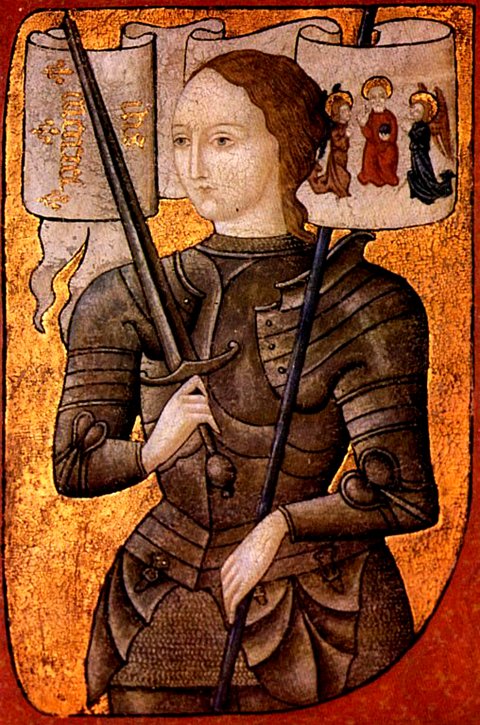 Late medieval miniature of Joan of Arc in armor.