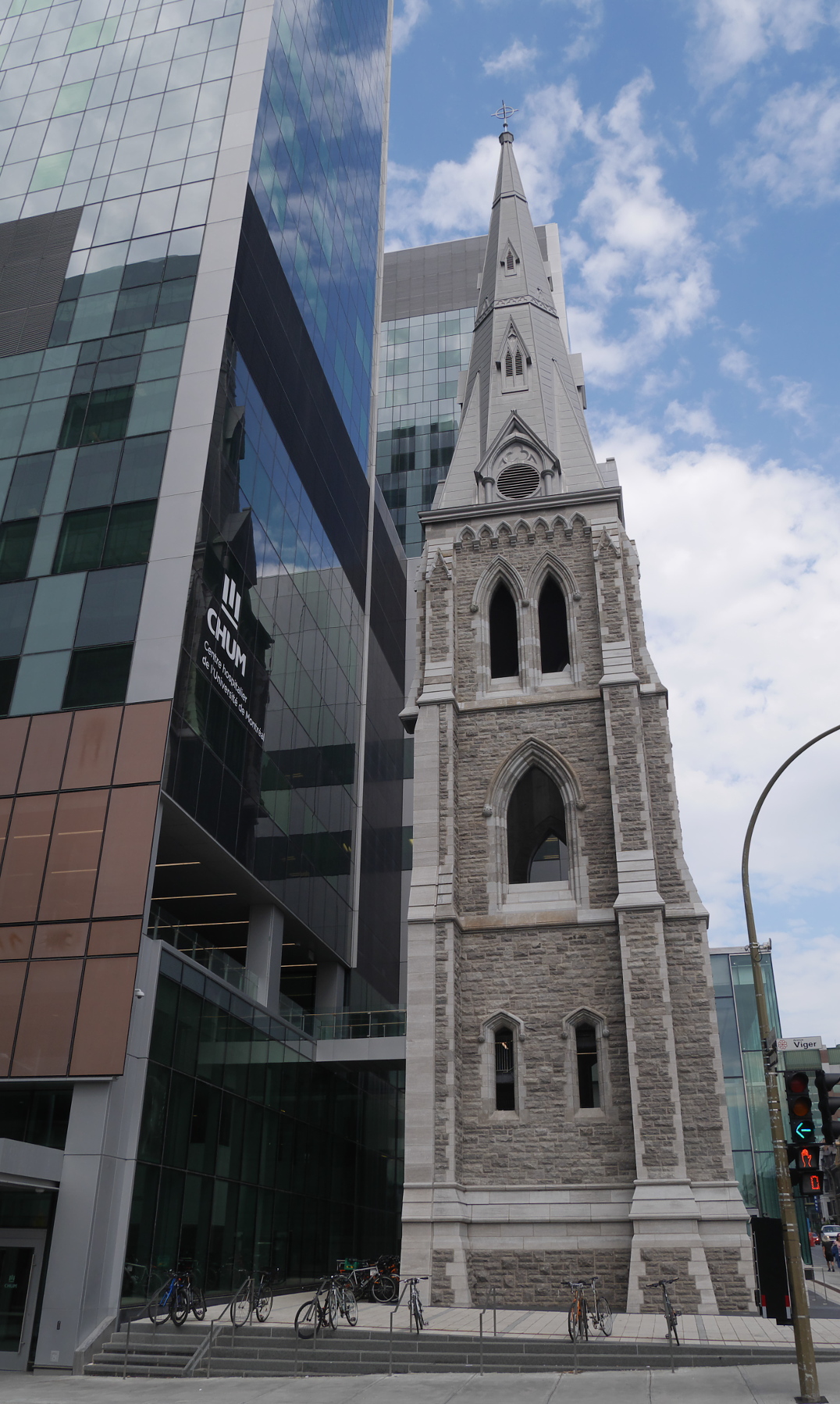 The reconstructed church tower of Trinity Anglican Church, next to University of Montreal Health Centre.