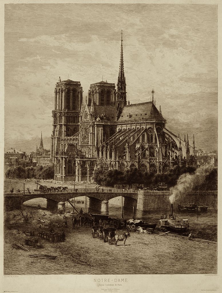 Nineteenth-century engraving of Notre Dame Cathedral by Alfred-Alexanre Delauney. (Source: Wikimedia Commons, public domain)