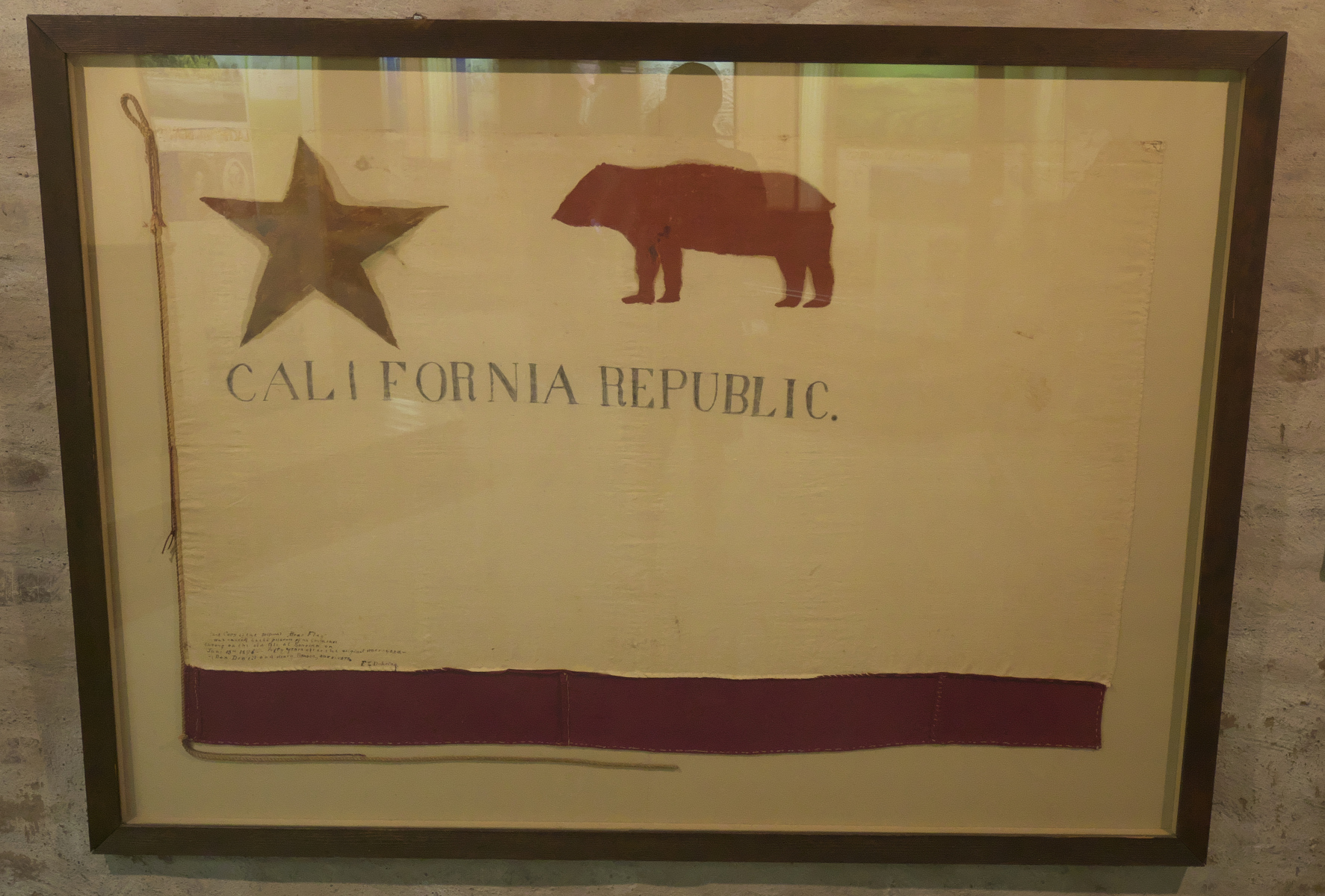 Replica of the original Bear Flag in the Sonoma Barracks. (The original flag was, like so much else, destroyed in the great San Francisco earthquake and fire of 1906.)