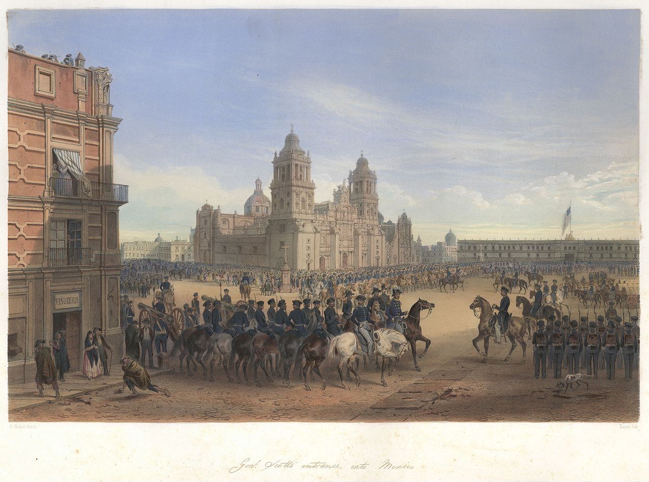 Illustration by Carl Nebel of American troops parading in the Zócalo.