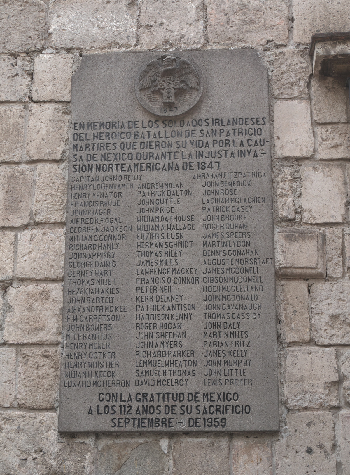 Plaque honoring the Sanpatricios in San Ángel, placed in 1959.