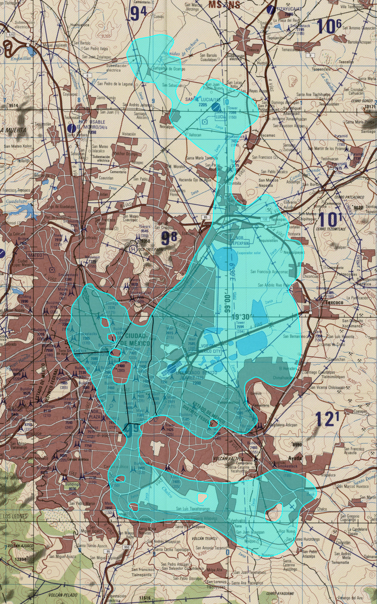 Map of Lake Texcoco and adjoining lakes superimposed over modern-day Mexico City.