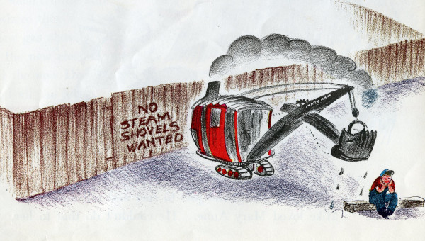 Mike Mulligan and Mary Anne outside a construction site with "No Steam Shovels Wanted" written on the fence.