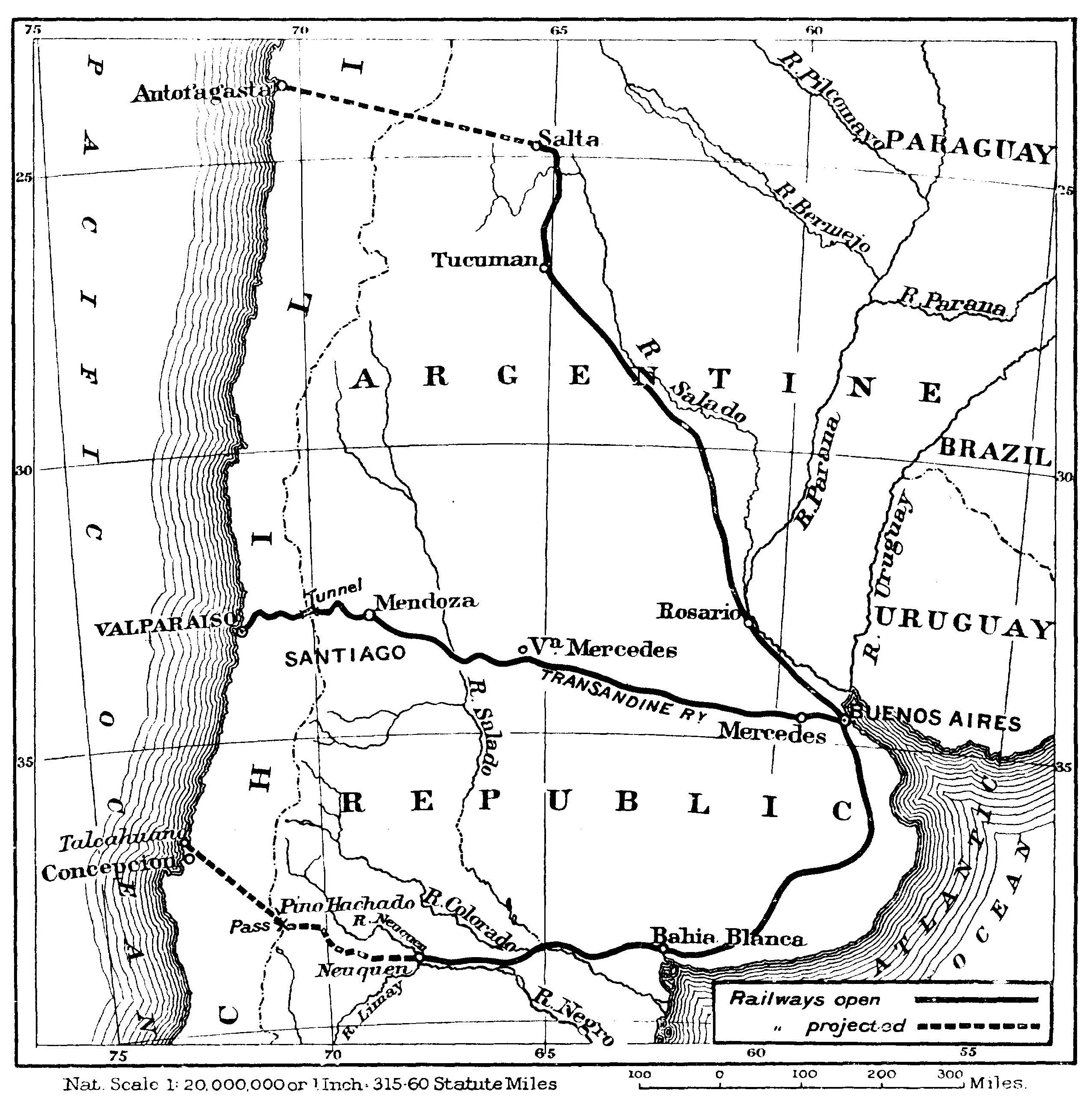 Map of the Transandine Railway between Buenos Aires and Valparaíso. (Source: Barclay, “The First Transandine Railway.”)