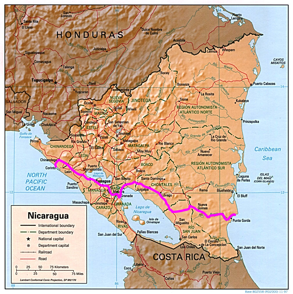 Nicaragua map with Nicaragua Railway