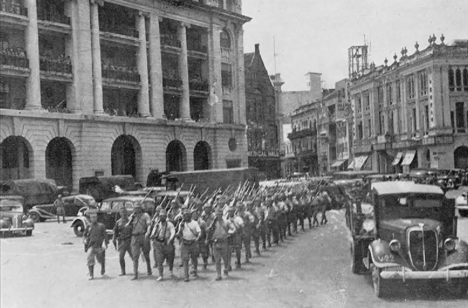 Japanese troops parading in Singapore after the fall of the city. [Source: Wikimedia Commons, PD]