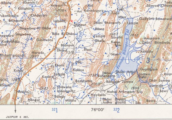 Jamwa Ramgarh Tal, as pictured on a 1963 US Army Map Service map. The lake has been dry since 2000. Source: Perry-Castañeda Library Map Collection.