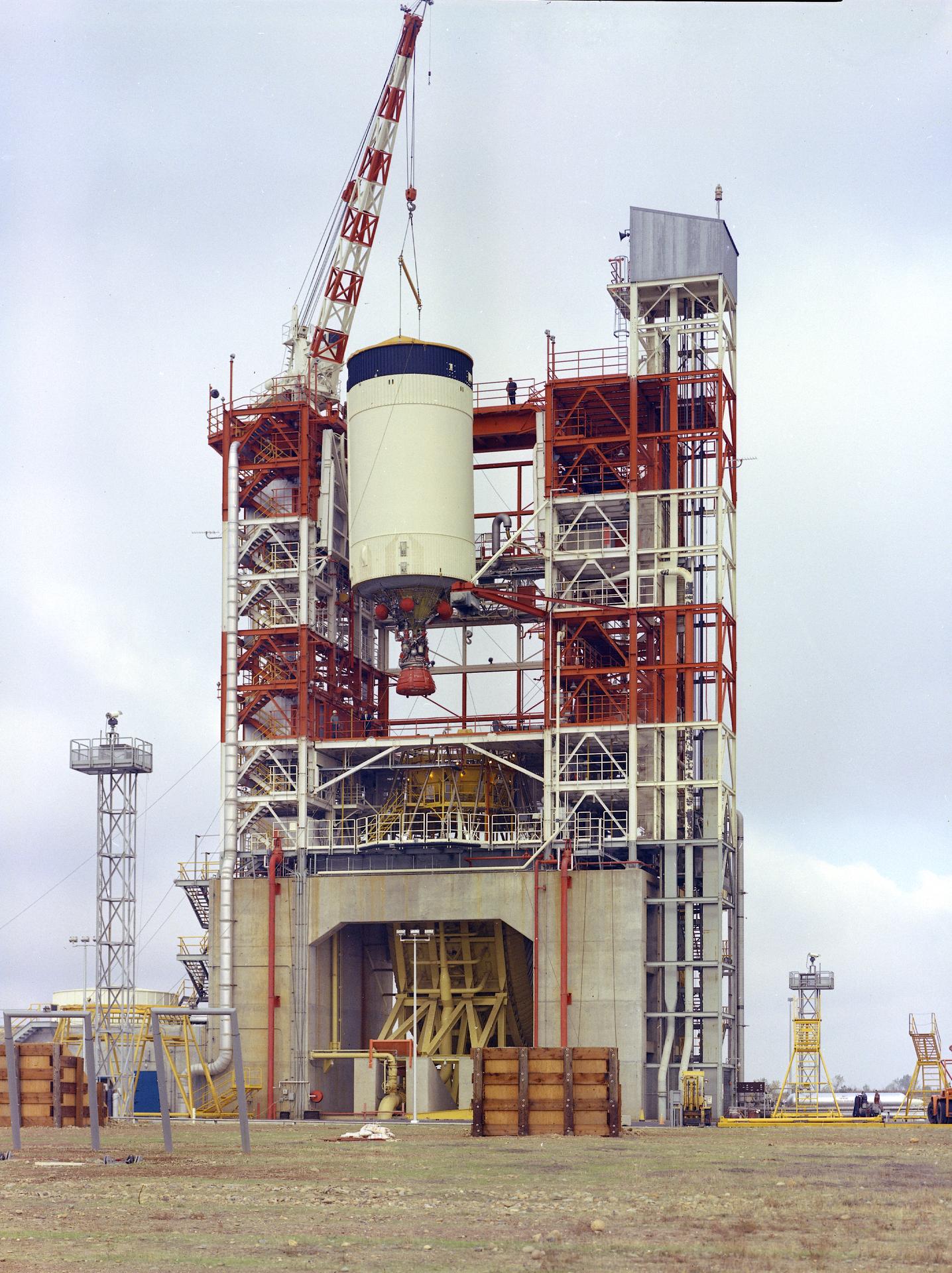 The Apollo 10 S-IVB stage being hoisted out of the Beta Test Stand 1 at SACTO after its static firing. (Source: NASA)