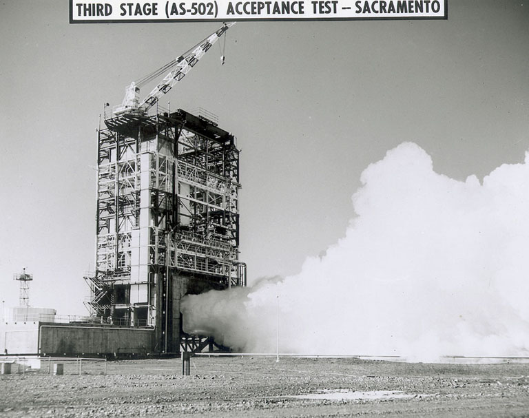 The Apollo 6 stage during static-firing in Beta Test Stand 1. (Source: NASA)