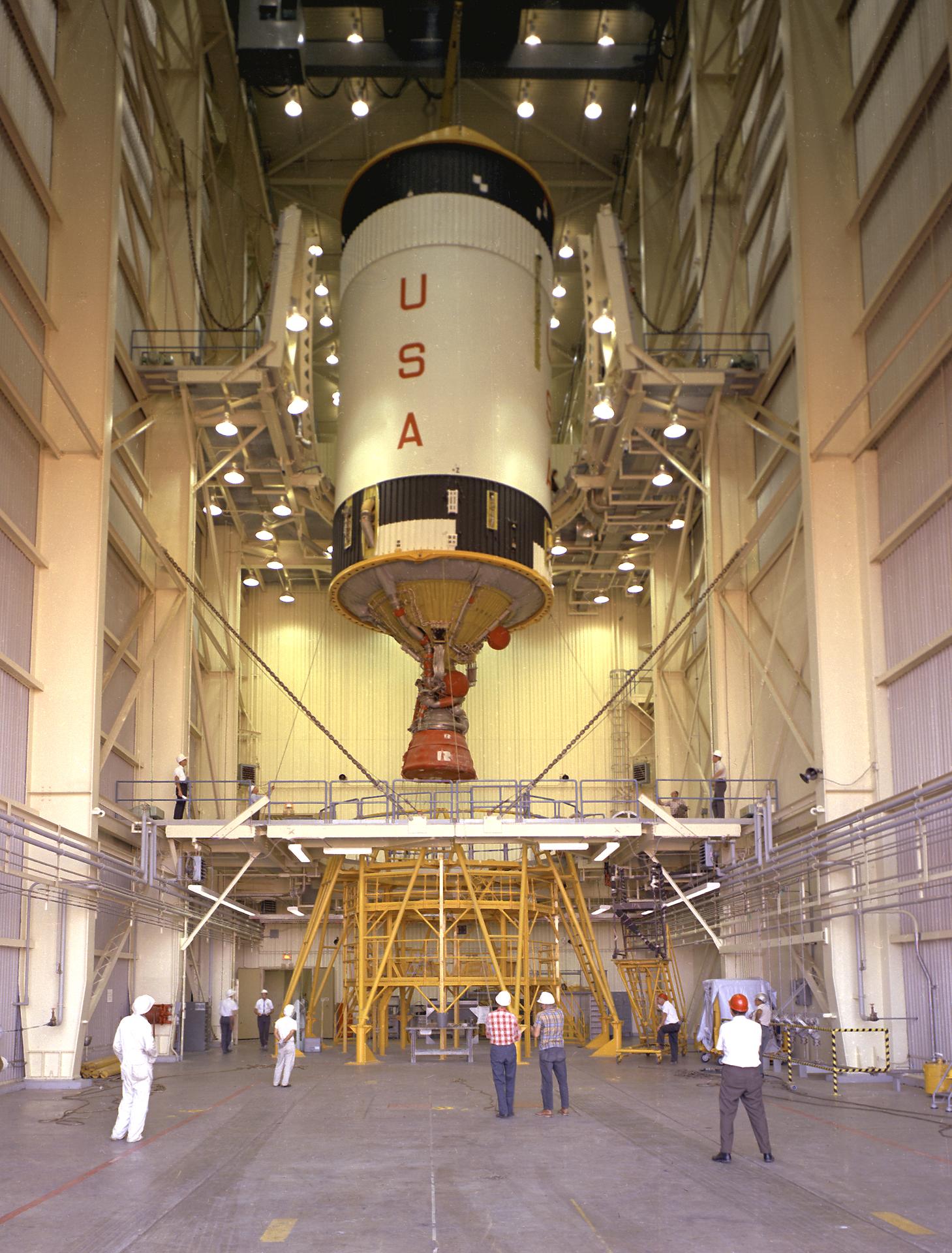 The interior of the Vertical Checkout Lab with an S-IVB. (Source: NASA)