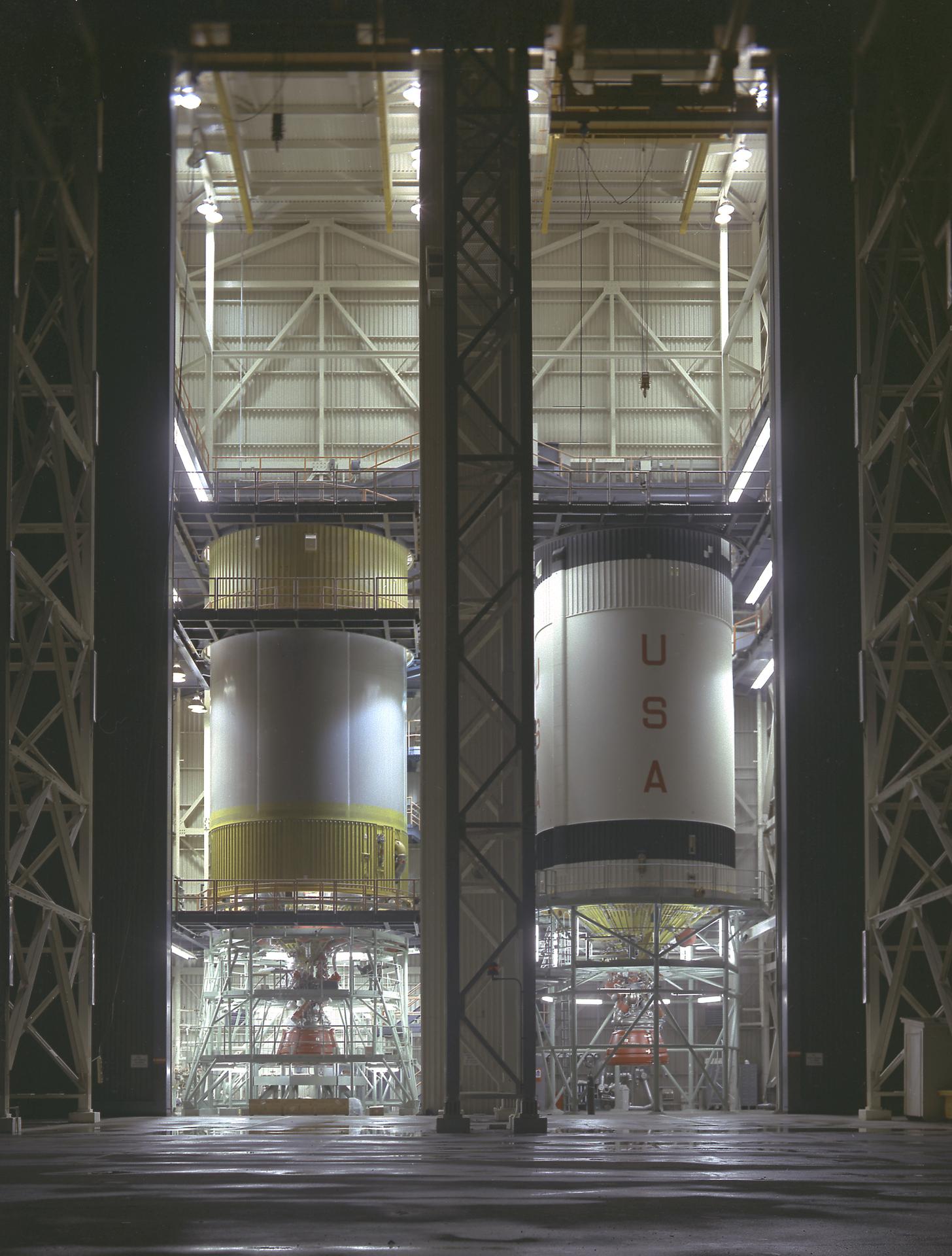 Two S-IVB stages undergoing checkout at Huntington Beach. (Source: NASA)
