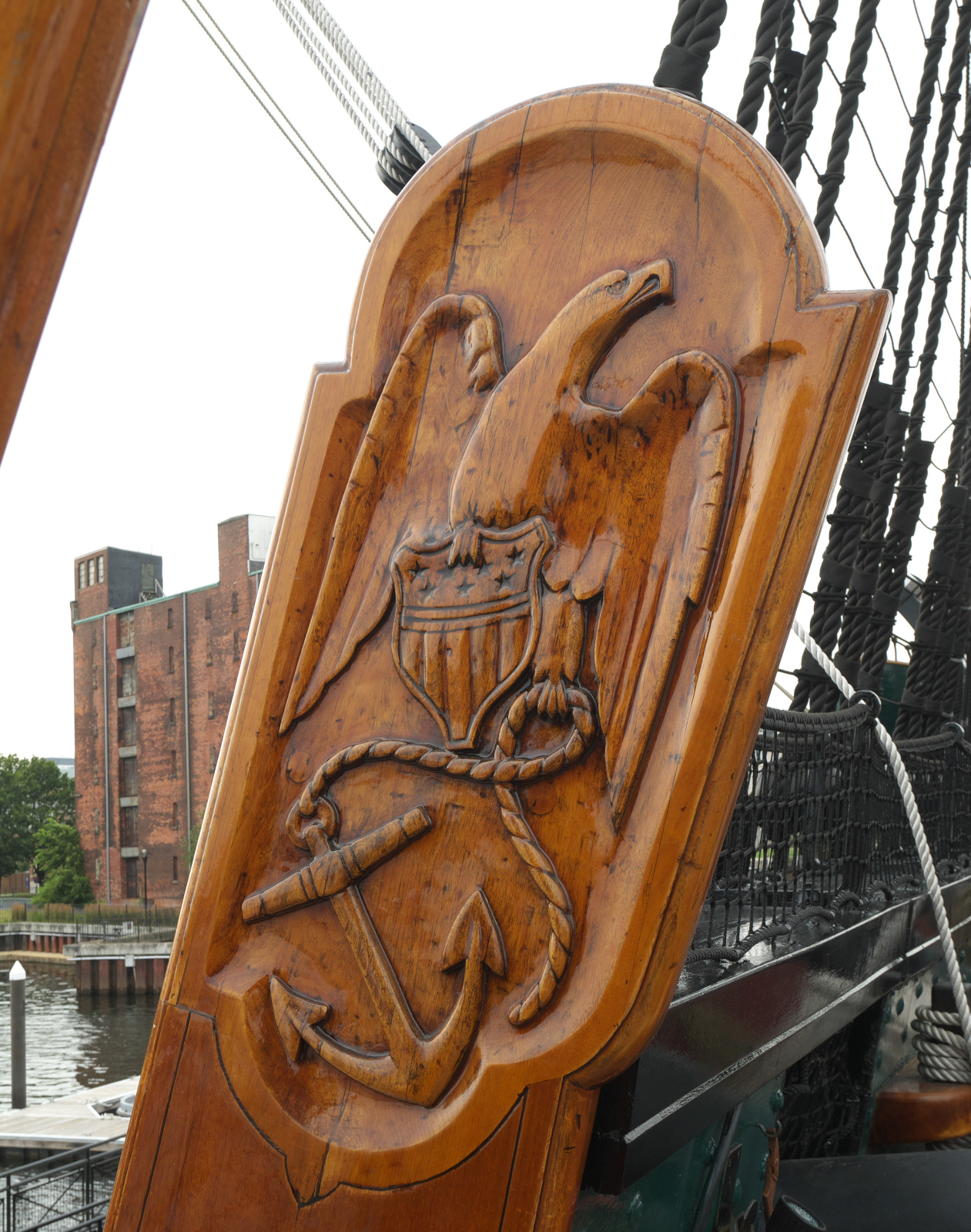 An eagle insignia on the entrance to the top deck of the ship. The eagle was a commonly-used emblem in the early years of the American republic.