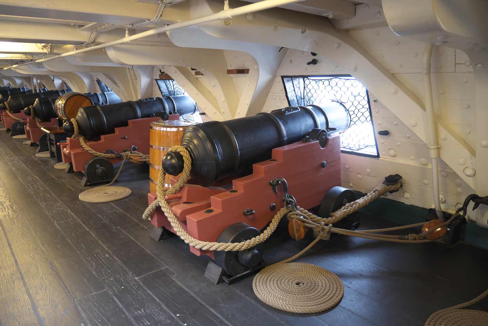 Gun deck of the USS Constitution. The cannons are reproductions.