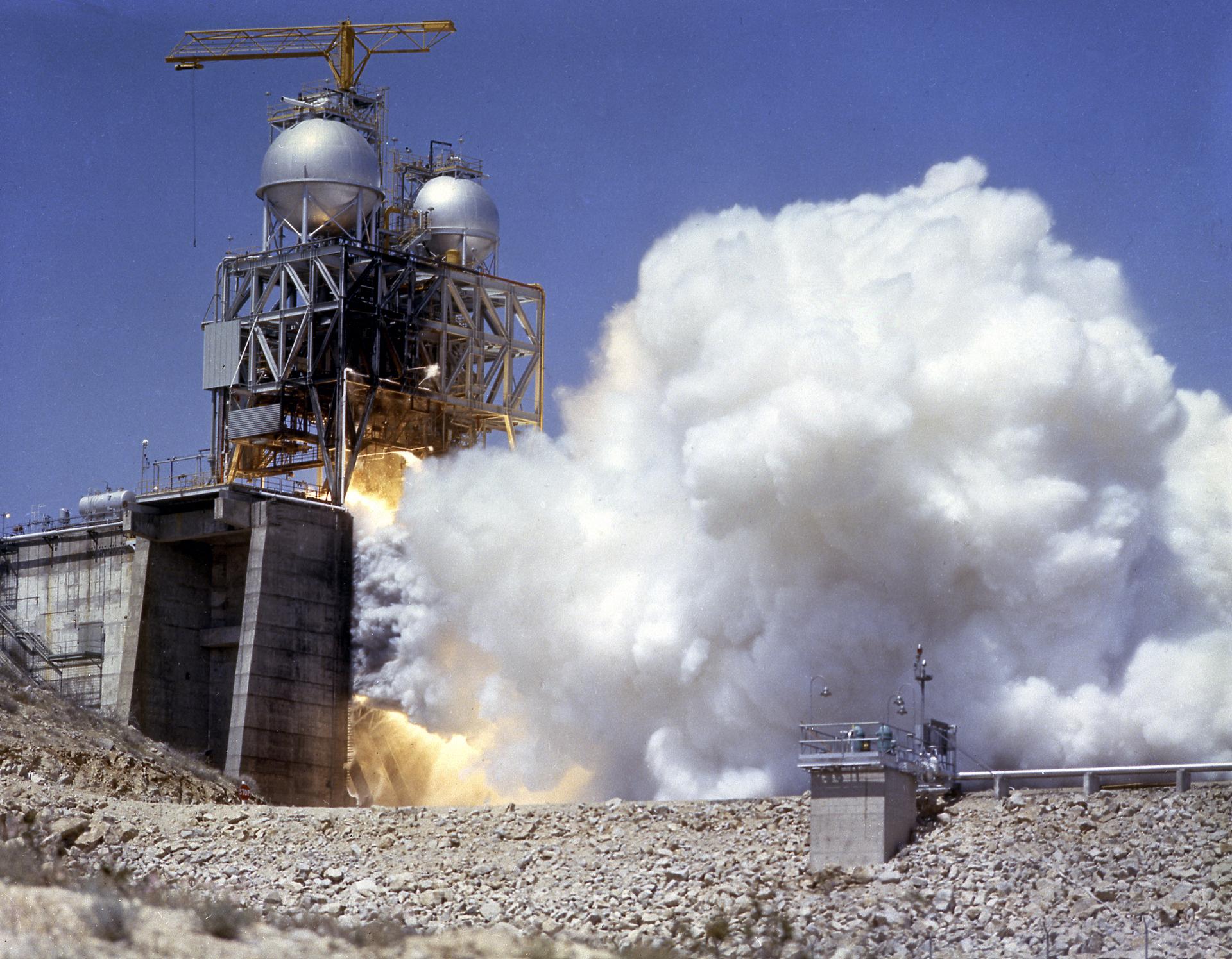 Test Stand 1-C during a test-firing of an F-1 engine in 1962. (Source: NASA)