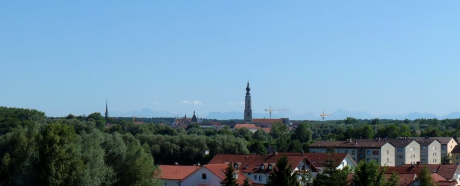 View of Braunau am Inn and the distant Alps.